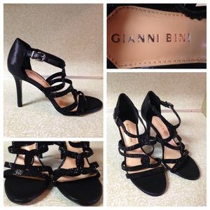 Gianni Bini Black Strappy Heels w/ Blk Rhinestones